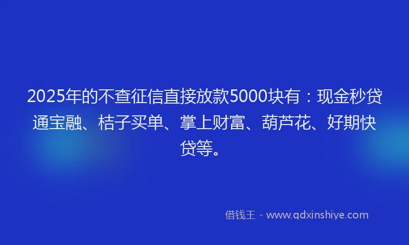 2025年的不查征信直接放款5000块有：现金秒贷通宝融、桔子买单、掌上财富、葫芦花、好期快贷等。