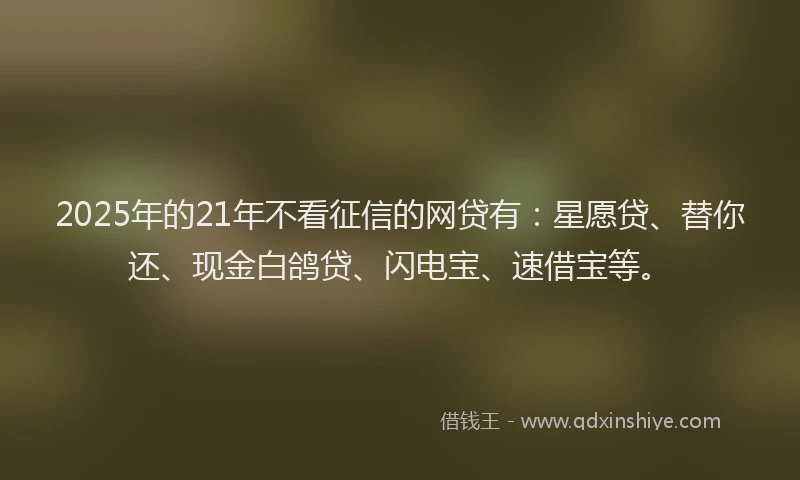 2025年的21年不看征信的网贷有：星愿贷、替你还、现金白鸽贷、闪电宝、速借宝等。
