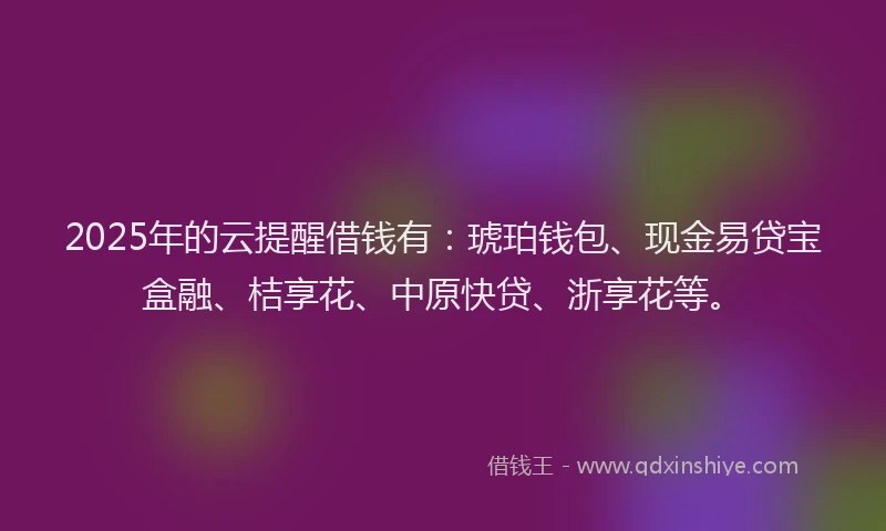 2025年的云提醒借钱有：琥珀钱包、现金易贷宝盒融、桔享花、中原快贷、浙享花等。