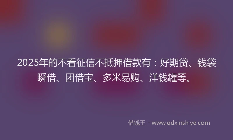 2025年的不看征信不抵押借款有：好期贷、钱袋瞬借、团借宝、多米易购、洋钱罐等。