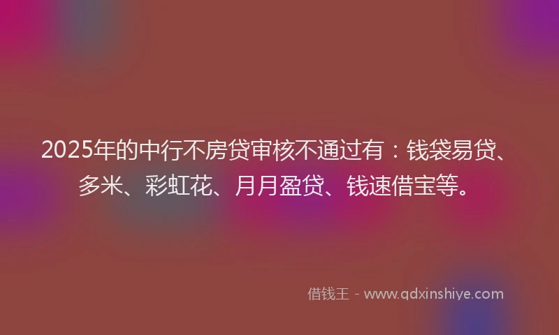 2025年的中行不房贷审核不通过有：钱袋易贷、多米、彩虹花、月月盈贷、钱速借宝等。