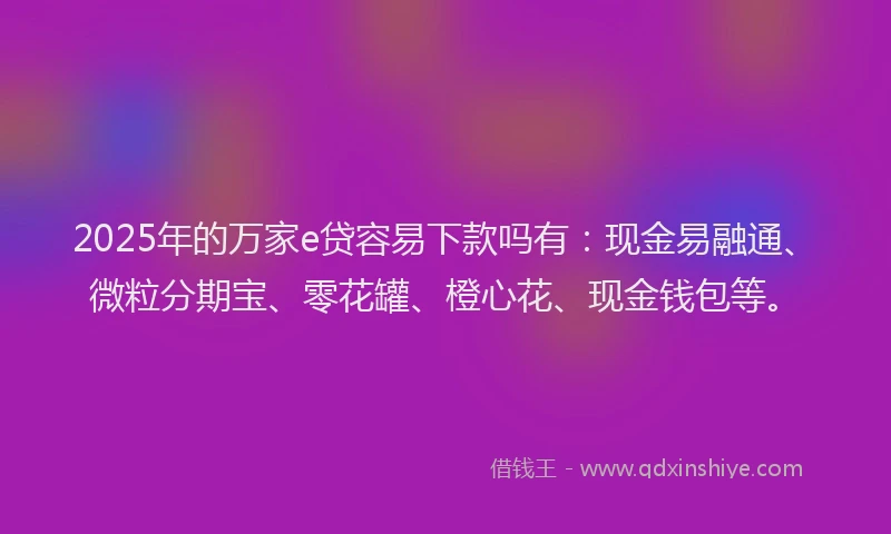 2025年的万家e贷容易下款吗有：现金易融通、微粒分期宝、零花罐、橙心花、现金钱包等。