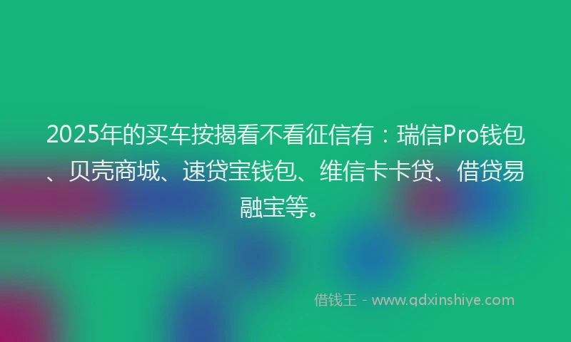 2025年的买车按揭看不看征信有：瑞信Pro钱包、贝壳商城、速贷宝钱包、维信卡卡贷、借贷易融宝等。