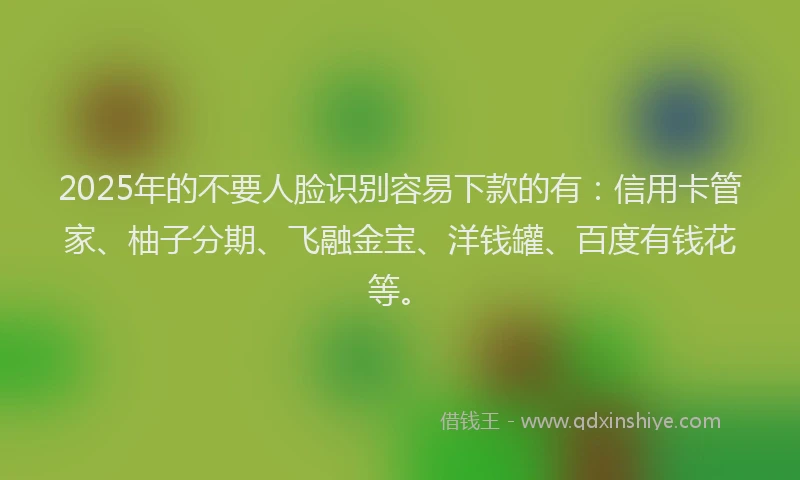 2025年的不要人脸识别容易下款的有：信用卡管家、柚子分期、飞融金宝、洋钱罐、百度有钱花等。