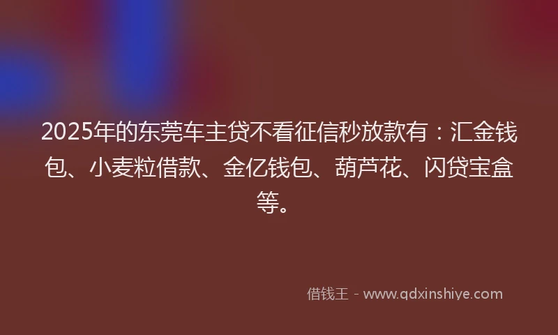 2025年的东莞车主贷不看征信秒放款有：汇金钱包、小麦粒借款、金亿钱包、葫芦花、闪贷宝盒等。