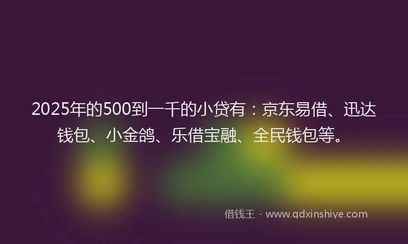 2025年的500到一千的小贷有：京东易借、迅达钱包、小金鸽、乐借宝融、全民钱包等。