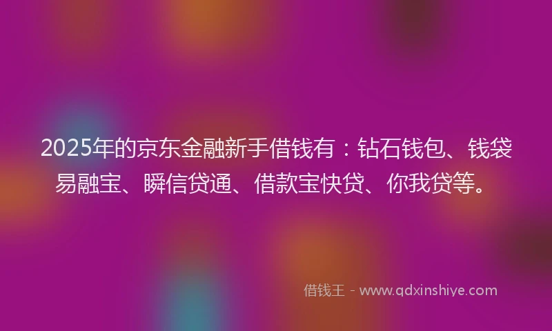 2025年的京东金融新手借钱有：钻石钱包、钱袋易融宝、瞬信贷通、借款宝快贷、你我贷等。