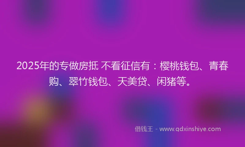 2025年的专做房抵 不看征信有：樱桃钱包、青春购、翠竹钱包、天美贷、闲猪等。