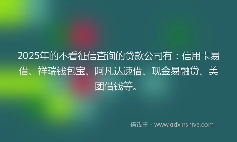 2025年的不看征信查询的贷款公司有：信用卡易借、祥瑞钱包宝、阿凡达速借、现金易融贷、美团借钱等。