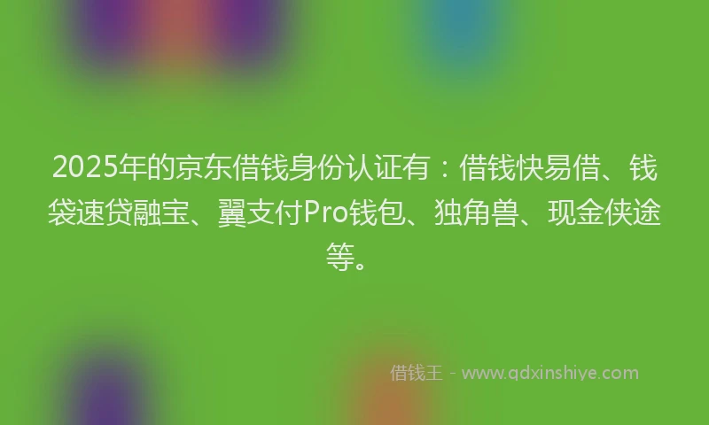 2025年的京东借钱身份认证有：借钱快易借、钱袋速贷融宝、翼支付Pro钱包、独角兽、现金侠途等。