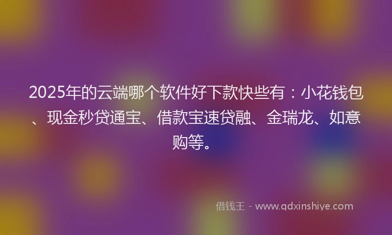 2025年的云端哪个软件好下款快些有：小花钱包、现金秒贷通宝、借款宝速贷融、金瑞龙、如意购等。