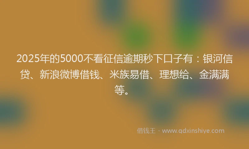 2025年的5000不看征信逾期秒下口子有：银河信贷、新浪微博借钱、米族易借、理想给、金满满等。