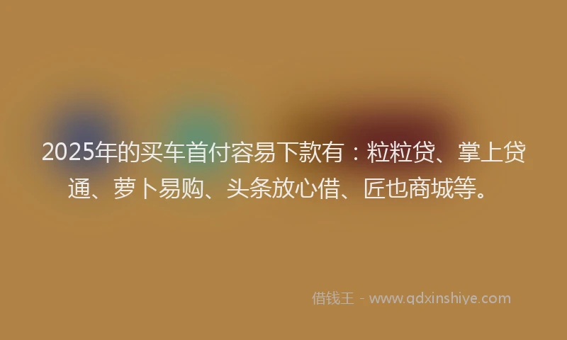 2025年的买车首付容易下款有：粒粒贷、掌上贷通、萝卜易购、头条放心借、匠也商城等。