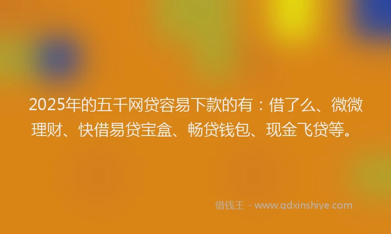 2025年的五千网贷容易下款的有：借了么、微微理财、快借易贷宝盒、畅贷钱包、现金飞贷等。