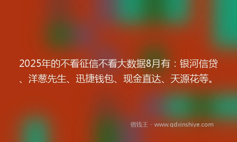 2025年的不看征信不看大数据8月有：银河信贷、洋葱先生、迅捷钱包、现金直达、天源花等。