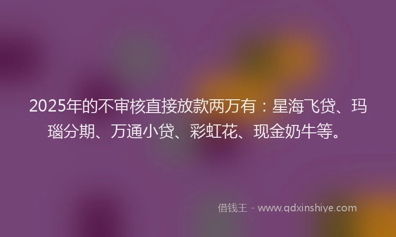 2025年的不审核直接放款两万有：星海飞贷、玛瑙分期、万通小贷、彩虹花、现金奶牛等。