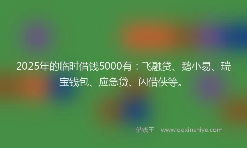 2025年的临时借钱5000有：飞融贷、鹅小易、瑞宝钱包、应急贷、闪借侠等。