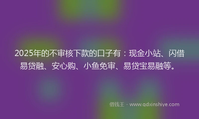 2025年的不审核下款的口子有：现金小站、闪借易贷融、安心购、小鱼免审、易贷宝易融等。