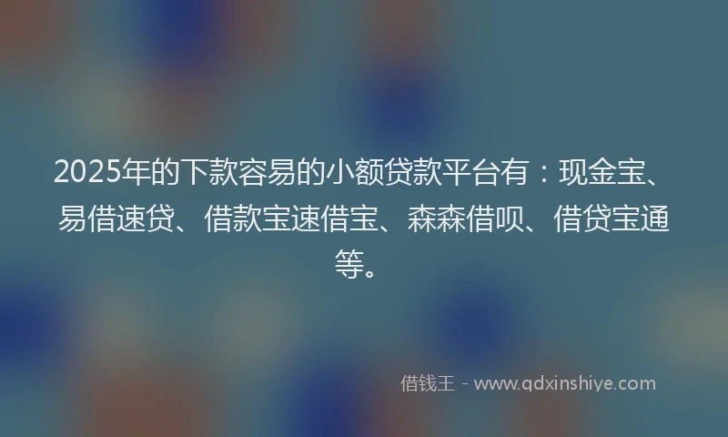 2025年的下款容易的小额贷款平台有：现金宝、易借速贷、借款宝速借宝、森森借呗、借贷宝通等。