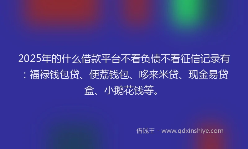 2025年的什么借款平台不看负债不看征信记录有：福禄钱包贷、便荔钱包、哆来米贷、现金易贷盒、小鹅花钱等。