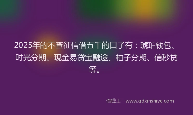 2025年的不查征信借五千的口子有：琥珀钱包、时光分期、现金易贷宝融途、柚子分期、信秒贷等。