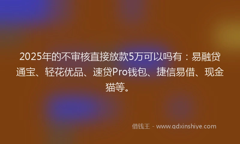 2025年的不审核直接放款5万可以吗有：易融贷通宝、轻花优品、速贷Pro钱包、捷信易借、现金猫等。