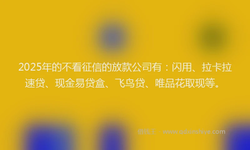 2025年的不看征信的放款公司有：闪用、拉卡拉速贷、现金易贷盒、飞鸟贷、唯品花取现等。
