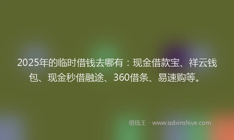 2025年的临时借钱去哪有：现金借款宝、祥云钱包、现金秒借融途、360借条、易速购等。