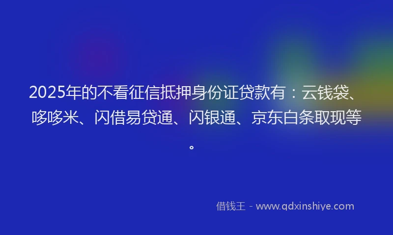 2025年的不看征信抵押身份证贷款有：云钱袋、哆哆米、闪借易贷通、闪银通、京东白条取现等。