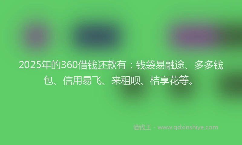 2025年的360借钱还款有：钱袋易融途、多多钱包、信用易飞、来租呗、桔享花等。