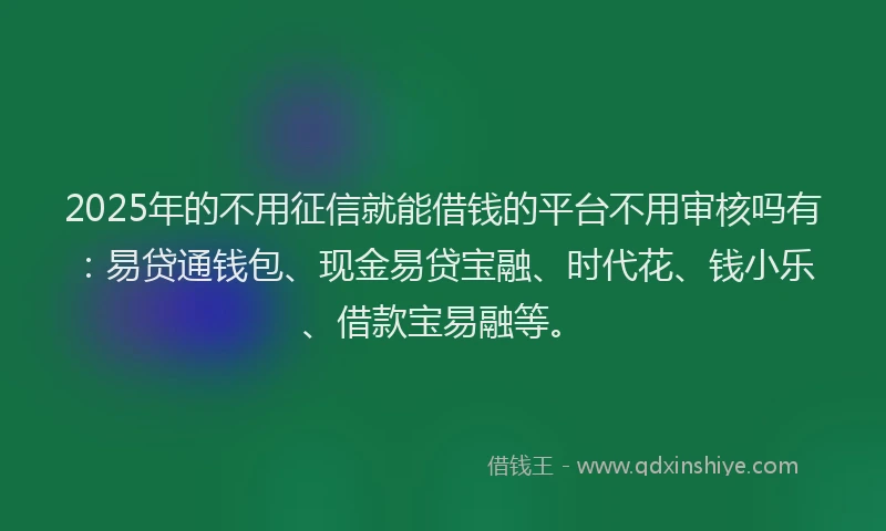 2025年的不用征信就能借钱的平台不用审核吗有：易贷通钱包、现金易贷宝融、时代花、钱小乐、借款宝易融等。