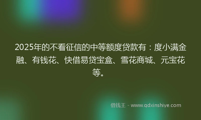 2025年的不看征信的中等额度贷款有：度小满金融、有钱花、快借易贷宝盒、雪花商城、元宝花等。