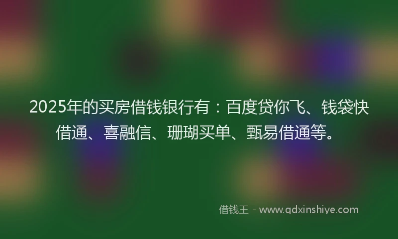2025年的买房借钱银行有：百度贷你飞、钱袋快借通、喜融信、珊瑚买单、甄易借通等。