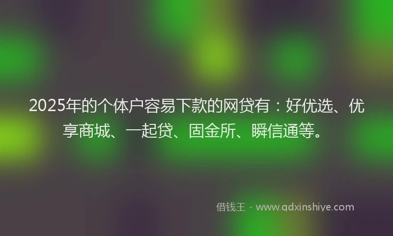 2025年的个体户容易下款的网贷有：好优选、优享商城、一起贷、固金所、瞬信通等。