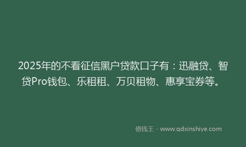 2025年的不看征信黑户贷款口子有：迅融贷、智贷Pro钱包、乐租租、万贝租物、惠享宝券等。