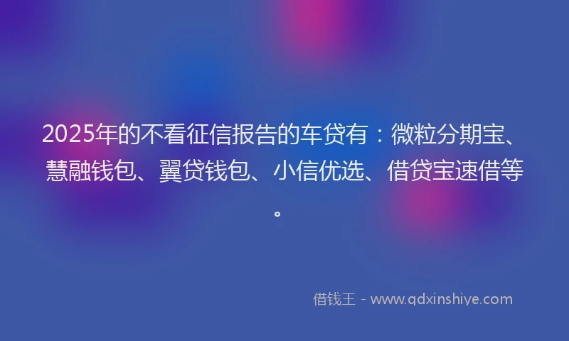 2025年的不看征信报告的车贷有：微粒分期宝、慧融钱包、翼贷钱包、小信优选、借贷宝速借等。
