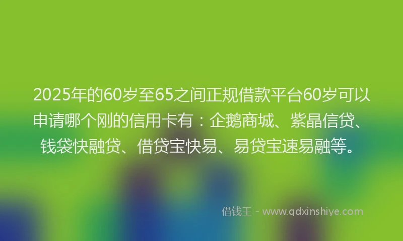 2025年的60岁至65之间正规借款平台60岁可以申请哪个刚的信用卡有：企鹅商城、紫晶信贷、钱袋快融贷、借贷宝快易、易贷宝速易融等。