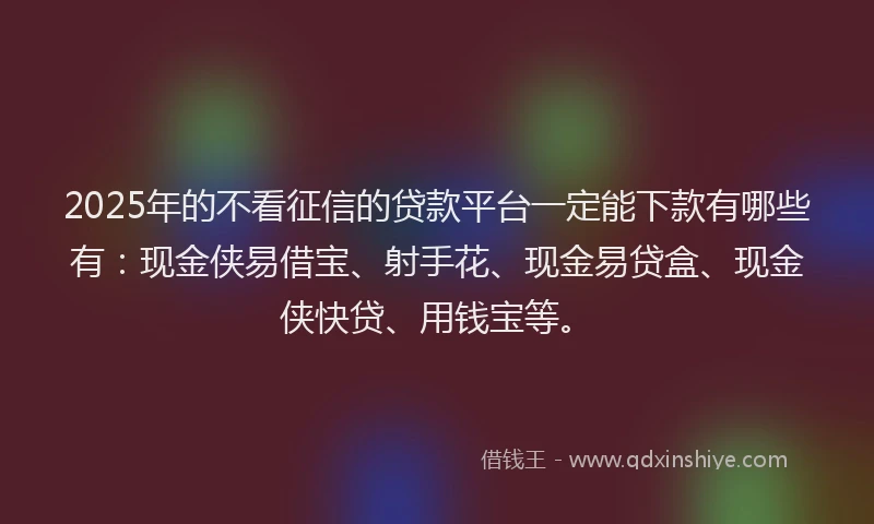 2025年的不看征信的贷款平台一定能下款有哪些有：现金侠易借宝、射手花、现金易贷盒、现金侠快贷、用钱宝等。