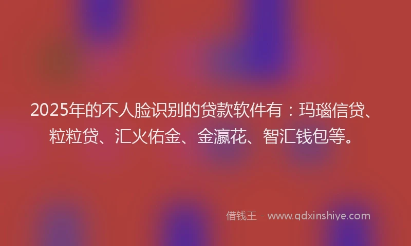 2025年的不人脸识别的贷款软件有：玛瑙信贷、粒粒贷、汇火佑金、金瀛花、智汇钱包等。