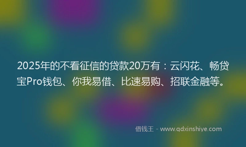 2025年的不看征信的贷款20万有：云闪花、畅贷宝Pro钱包、你我易借、比速易购、招联金融等。