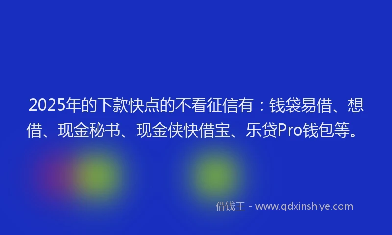 2025年的下款快点的不看征信有：钱袋易借、想借、现金秘书、现金侠快借宝、乐贷Pro钱包等。
