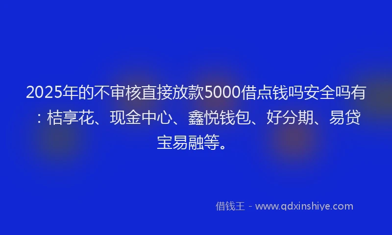 2025年的不审核直接放款5000借点钱吗安全吗有：桔享花、现金中心、鑫悦钱包、好分期、易贷宝易融等。