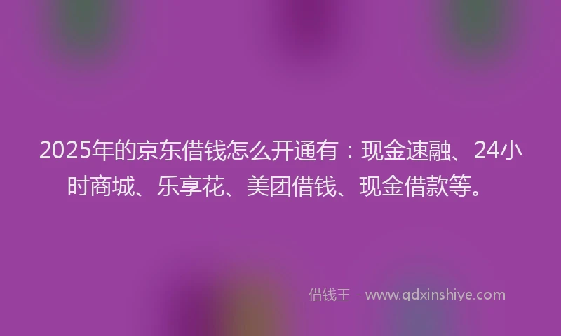 2025年的京东借钱怎么开通有：现金速融、24小时商城、乐享花、美团借钱、现金借款等。