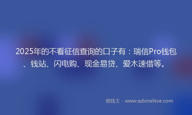 2025年的不看征信查询的口子有：瑞信Pro钱包、钱站、闪电购、现金易贷、爱木速借等。