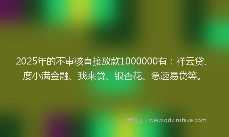2025年的不审核直接放款1000000有：祥云贷、度小满金融、我来贷、银杏花、急速易贷等。