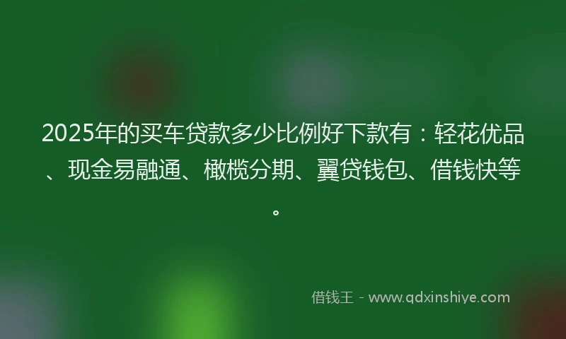 2025年的买车贷款多少比例好下款有：轻花优品、现金易融通、橄榄分期、翼贷钱包、借钱快等。