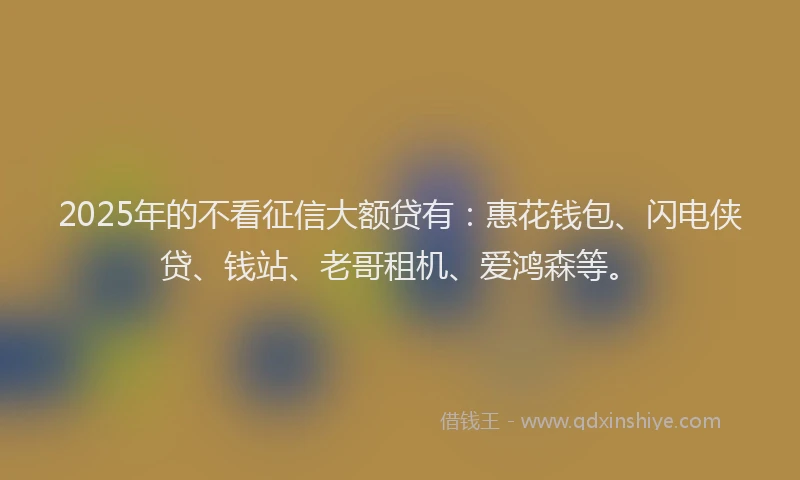 2025年的不看征信大额贷有：惠花钱包、闪电侠贷、钱站、老哥租机、爱鸿森等。