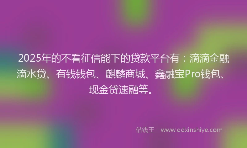 2025年的不看征信能下的贷款平台有：滴滴金融滴水贷、有钱钱包、麒麟商城、鑫融宝Pro钱包、现金贷速融等。