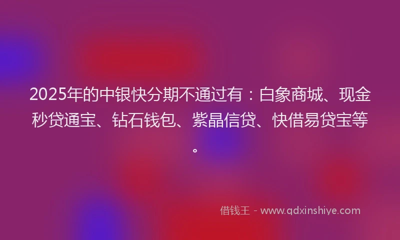 2025年的中银快分期不通过有：白象商城、现金秒贷通宝、钻石钱包、紫晶信贷、快借易贷宝等。