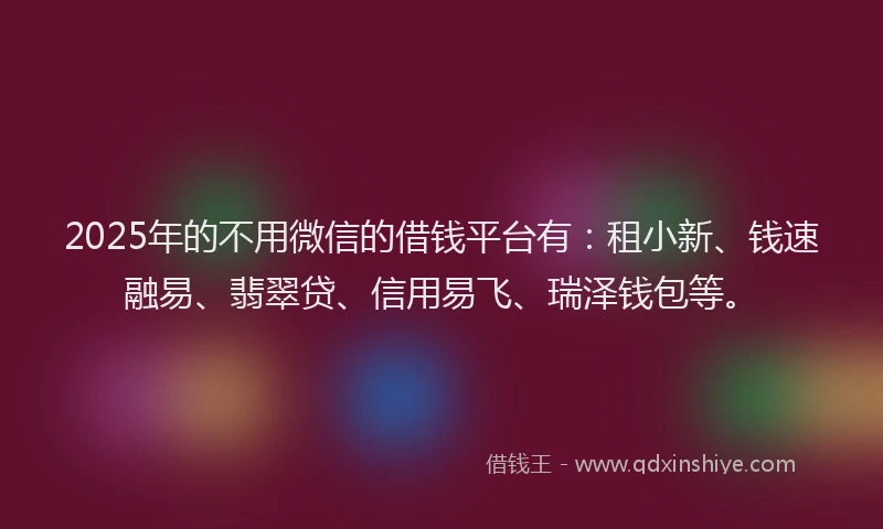 2025年的不用微信的借钱平台有：租小新、钱速融易、翡翠贷、信用易飞、瑞泽钱包等。
